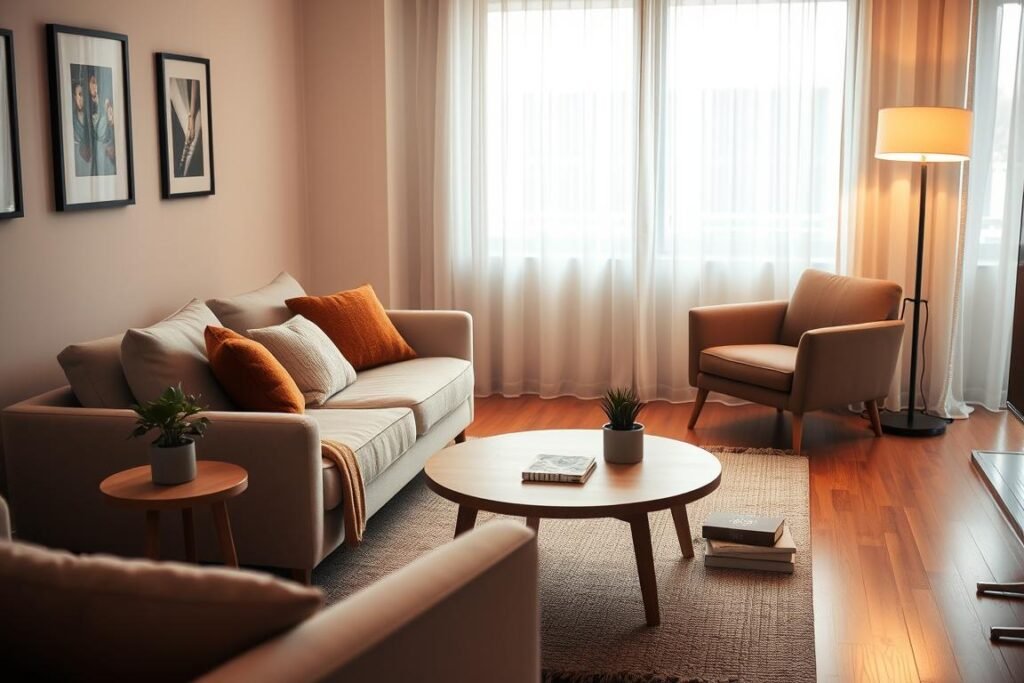 A cozy apartment living room showcasing a perfectly sized sofa nestled against a wall. The sofa is upholstered in soft, neutral tones with plush cushions, creating a welcoming vibe. In the foreground, a round wooden coffee table with a small potted plant and a warm throw blanket adds warmth. The middle ground features a stylish armchair beside a floor lamp emitting soft, warm light, creating an inviting reading nook. In the background, light sheer curtains allow natural light to filter in, illuminating the space. There are subtle decorative elements like framed artwork on the walls, a soft rug on a hardwood floor, and a few scattered books. The atmosphere feels homey and serene, perfect for compact living spaces, with a warm, inviting glow.
