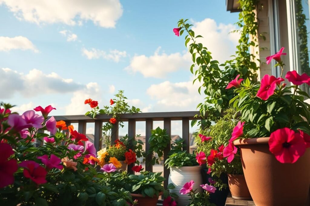 A cozy balcony adorned with a vibrant container garden, featuring a mix of colorful flowers, lush greenery, and aromatic herbs. In the foreground, a variety of potted plants, such as blooming geraniums, cascading petunias, and fragrant basil, create a lively scene. The middle ground showcases a rustic wooden railing, partially covered with climbing vines, harmonizing with stylish ceramic pots. In the background, a clear blue sky with soft, fluffy clouds casts gentle, warm sunlight over the plants, highlighting their vivid colors and textures. The overall atmosphere is serene and inviting, perfect for relaxation and connection with nature in a small urban space. The perspective is slightly elevated, capturing the essence of a balcony oasis.