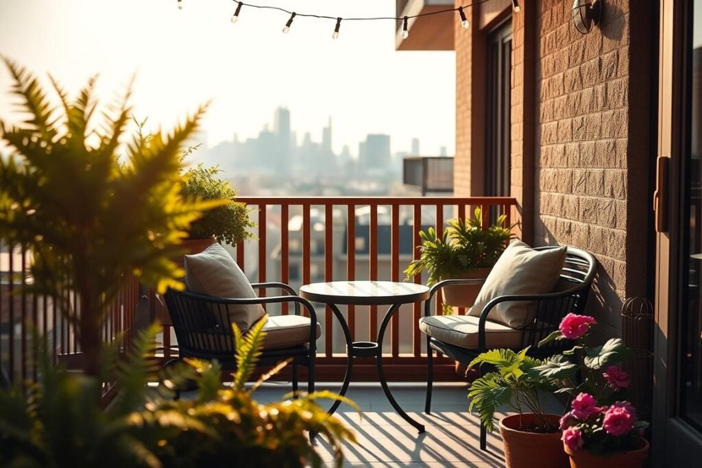 A cozy balcony seating nook set in a quaint apartment, featuring a small round table with two comfortable cushioned chairs. The foreground includes potted plants, such as lush ferns and vibrant flowers, adding a touch of nature. The middle background showcases a wooden railing adorned with string lights, creating a warm ambiance. The scene is bathed in soft, golden hour sunlight, casting gentle shadows and creating a serene atmosphere. In the background, a city skyline can be seen, slightly blurred to focus on the cozy seating area. The overall mood is inviting and tranquil, perfect for relaxing with a book or enjoying a cup of coffee. The angle is slightly elevated to capture the essence of the space.