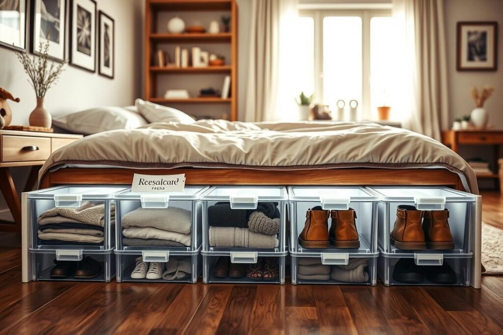 A cozy bedroom showcasing innovative under-bed storage solutions. In the foreground, a neatly organized row of clear storage boxes filled with seasonal clothing and shoes, their contents visible. The middle ground features a stylish bed with a soft, inviting comforter, highlighting how the storage fits seamlessly beneath it. In the background, a softly lit window casts a warm glow throughout the room, creating a tranquil atmosphere. The room has wooden flooring and subtle decorative elements like potted plants and artwork on the walls, enhancing its charm. The overall mood is cozy and efficient, emphasizing the practicality and elegance of maximizing small space storage. The angle should capture the entire layout to illustrate the concept effectively.