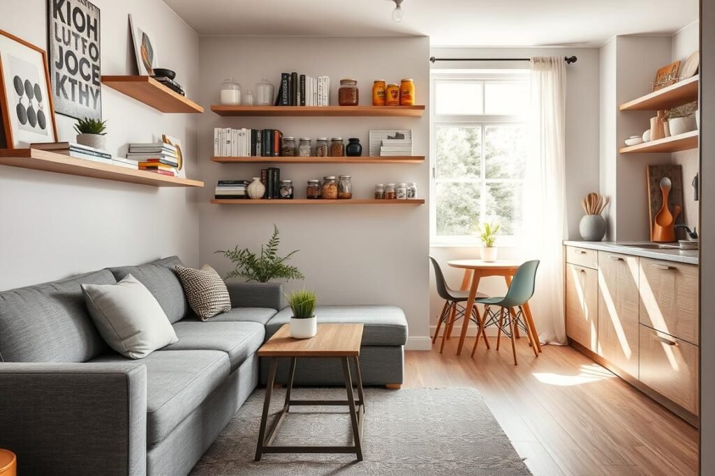 A cozy budget-friendly small apartment showcasing efficient organization techniques. In the foreground, a compact living area with a stylish, multifunctional sofa that doubles as a storage unit. A slim, wooden coffee table adorned with a small potted plant adds a pop of greenery. In the middle, shelves mounted on the walls display neatly organized books and decorative items, while a compact dining table sits against a bright window. The background features a small kitchenette with open shelving, jars of food, and a few vibrant kitchen utensils. Soft, natural light streams in from the window, highlighting the warm color palette of soft grays, earthy tones, and pops of color. The overall atmosphere is inviting, emphasizing the harmony of style and functionality in a small space.