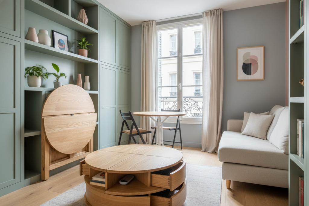 A cozy, compact Parisian apartment featuring innovative hidden storage solutions. In the foreground, showcase a stylish, multifunctional coffee table with drawers and compartments cleverly integrated into its design. The middle layer reveals a small living area with a stylish sofa against a wall that has shelving built into it, displaying decorative items while hiding storage space behind. In the background, a whimsical folding dining table is cleverly tucked away, accompanied by stylish chairs that can be stored underneath. Natural light filters through a large window, casting soft shadows and creating a warm ambiance. The overall mood conveys efficiency and charm, with a palette of muted pastels and tasteful decor that emphasizes space-saving ingenuity without feeling cluttered.