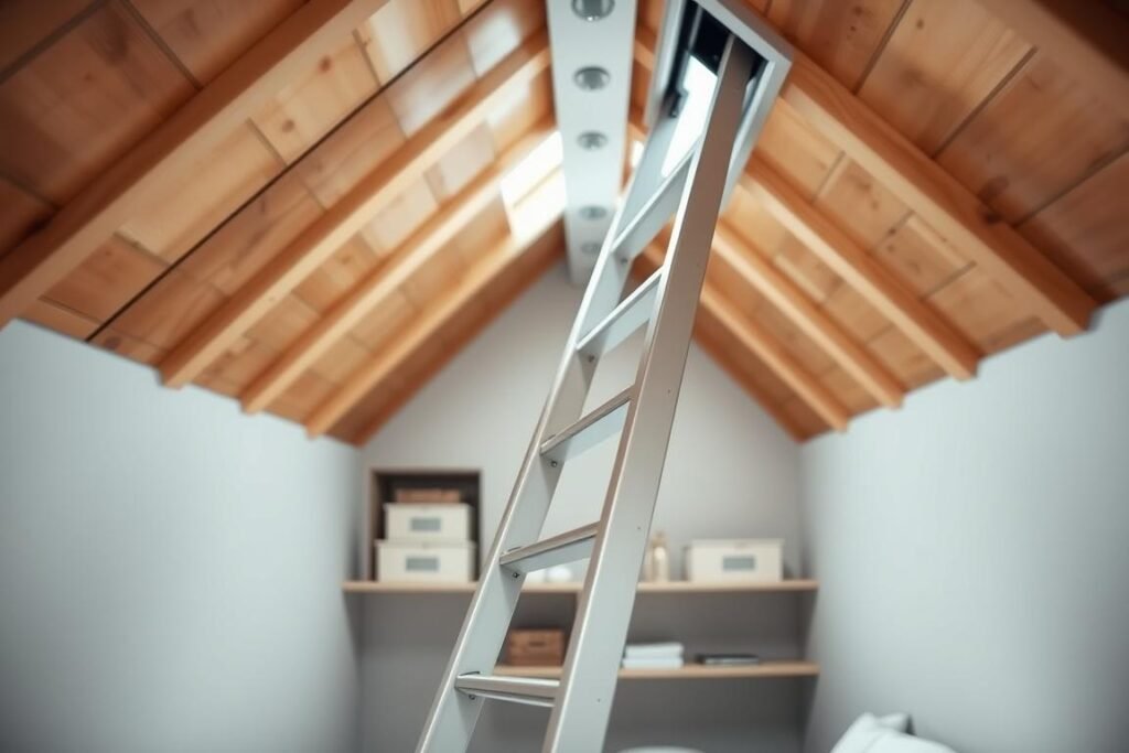 A cozy, compact attic space showcasing an innovative fold-away retractable ladder system seamlessly integrated into the ceiling. In the foreground, the sleek ladder is partially extended, demonstrating its functionality and design. The wooden beams of the attic add warmth, while soft, natural lighting streams in from a small skylight, highlighting the ladder’s modern finish. In the middle background, elegant storage solutions, such as neatly organized boxes and minimalist shelving, complement the ladder concept, emphasizing space efficiency. The walls are a calming color, enhancing the inviting atmosphere. A subtle depth of field effect creates a sense of intimacy, focusing on the ladder while softly blurring the background elements. The overall mood conveys clever design and practicality, ideal for maximizing small living areas.
