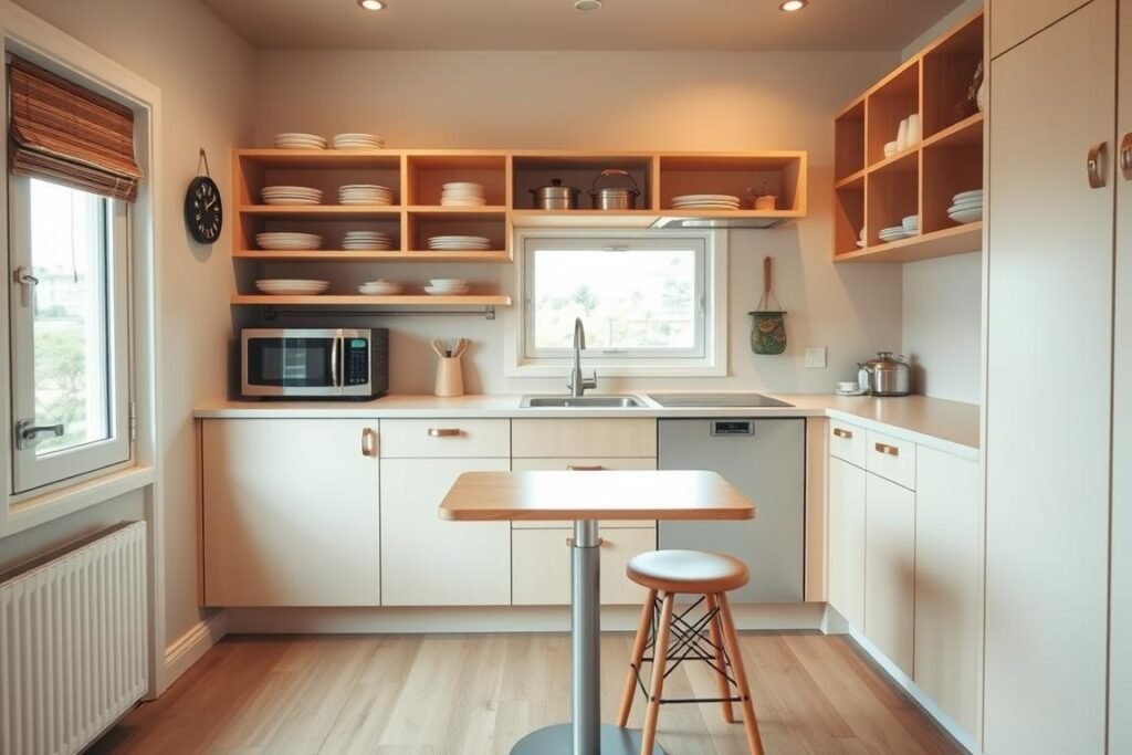A cozy compact kitchen layout designed for efficient use of space, showcasing sleek cabinetry and smart storage solutions. In the foreground, a small dining table with two stools seamlessly integrated into the design. The middle ground features an ergonomic kitchen setup with a stovetop, sink, and countertop, all arranged in a U-shape for optimal workflow. The cabinetry above is open shelving filled with neatly organized dishware and pots, maximizing vertical space. A bright window in the background allows natural light to flood the area, highlighting the warm color palette of soft whites and earthy tones. The atmosphere is inviting and practical, evoking a sense of modern minimalist living. The scene is photographed with a wide-angle lens to capture the entire kitchen, with soft, diffused lighting creating a homey feel.