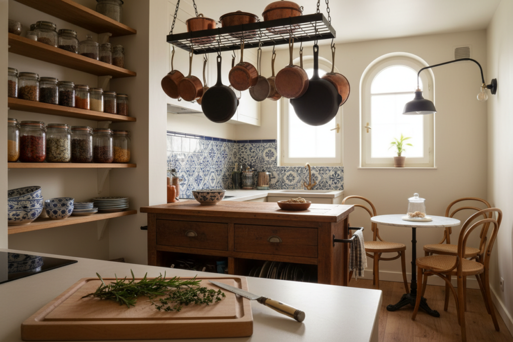A cozy, compact kitchen with elegant French design elements, showcasing innovative space-saving solutions. In the foreground, a small but functional wooden cutting board adorned with fresh herbs and a vintage knife. The middle features a stylish kitchen island with integrated storage, pots, and pans hanging neatly above. Open shelving displays neatly organized spices and colorful dishware. Bright, natural light streams through a small window, casting soft shadows and creating an inviting atmosphere. The backsplash is adorned with classic blue and white tiles, capturing a touch of Parisian charm. In the background, a minimalist dining nook with a small round table and two chic chairs adds to the cozy ambiance. The scene exudes warmth and functionality, perfect for any tiny apartment.