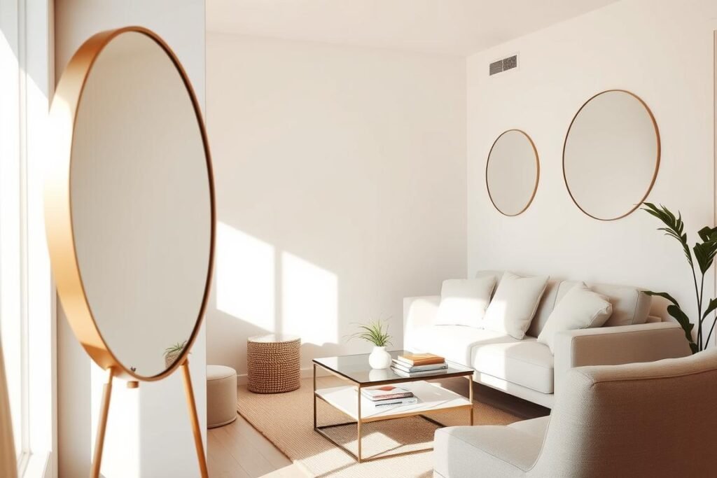 A cozy compact living room featuring light-colored walls and soft furnishings to create an inviting atmosphere. The foreground showcases a stylish round mirror that reflects the bright light from a nearby window, giving an illusion of spaciousness. In the middle ground, a small, minimalist sofa adorned with light pastel cushions sits next to a sleek coffee table, decorated with a few decorative plants and books. The background displays additional mirrors mounted on the walls, enhancing the light and depth of the room. Natural sunlight filters in, casting gentle shadows and creating a warm, airy ambiance. The overall mood is serene and uplifting, suggesting a cleverly designed small space that feels open and inviting.