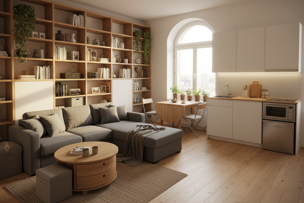 A cozy, compact living space showcasing innovative tiny apartment design. In the foreground, include a multifunctional sofa that transforms into a bed, surrounded by a small coffee table and compact storage solutions. The middle ground features a sleek kitchenette with space-saving appliances and a foldable dining table, ideal for small-scale living. In the background, let there be cleverly utilized vertical storage with plants adding a touch of nature. The lighting is warm and inviting, creating a cheerful atmosphere, with sunlight filtering through a large window. Capture this scene from a slightly elevated angle to emphasize the layout and space efficiency, achieving a realistic and relatable depiction of small space living.