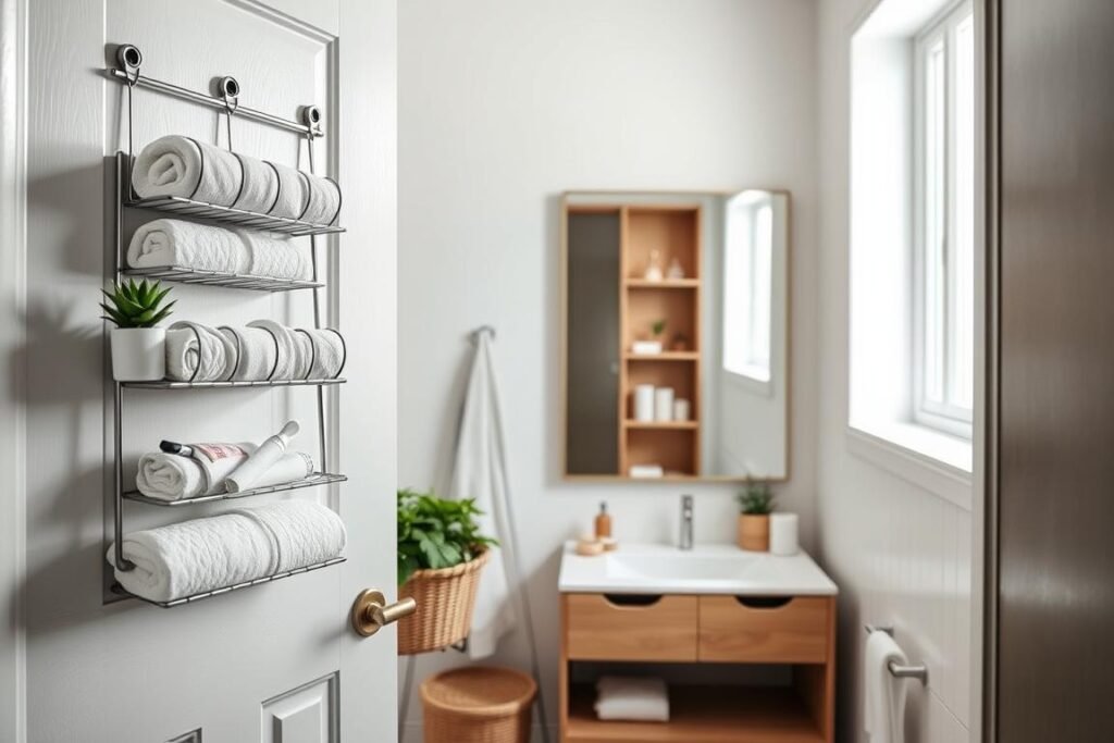 A cozy, contemporary bathroom showcasing efficient storage solutions on the back of the door. In the foreground, a neatly organized door rack holds various items such as rolled towels, a small potted plant, and stylish baskets containing toiletries. The middle ground features a sleek, minimalistic vanity with a large mirror, reflecting the clean lines of the space. In the background, soft, diffused natural light filters through a window, creating a serene atmosphere and highlighting light-colored tiles and wooden accents. The angle is a slightly elevated view, capturing the entire scene while emphasizing the door storage. The mood is fresh and inviting, designed to inspire innovative organization in small spaces.