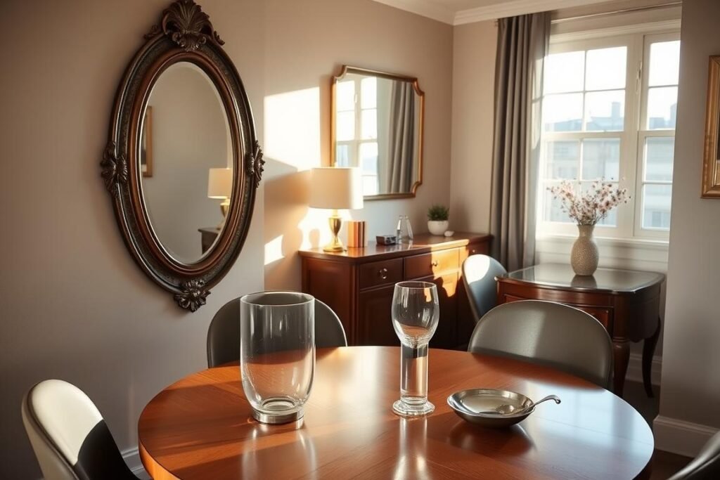 A cozy dining area in a small apartment, featuring a round wooden table surrounded by modern, stylish chairs. In the foreground, a beautifully crafted wall mirror reflects the table setting, enhancing the sense of space. The middle section showcases an elegant, polished sideboard with small decorative items and a low lamp casting soft, warm light. In the background, a window reveals a sunny day outside, creating a cheerful ambiance. Subtle play of light and shadow interacts with various reflective surfaces, including a glass vase and metallic accents on the table. The overall mood is inviting and sophisticated, promoting a sense of depth and openness in the dining space, perfectly illustrating the concept of using reflective surfaces to maximize a small area.