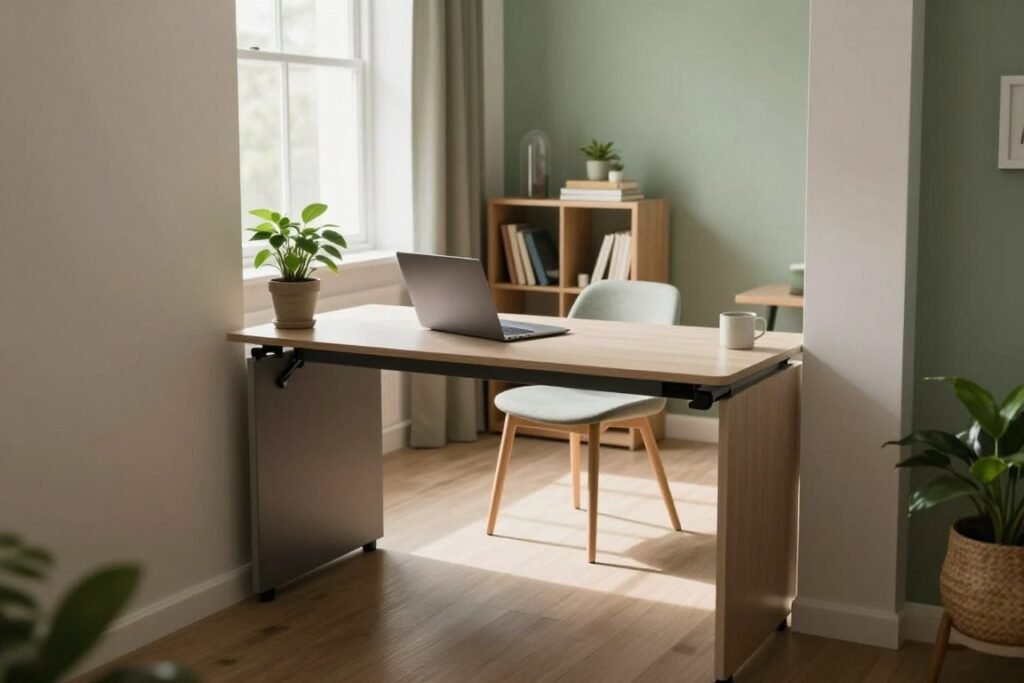 A cozy hidden office space tucked away in a modern apartment. In the foreground, a sleek, foldable desk is neatly stowed against the wall, adorned with a minimalistic laptop and a potted plant. The middle ground reveals a chic, Scandinavian-style chair and a small bookshelf filled with books and decorative items. Soft, natural light filters through a large window, casting gentle shadows and creating a warm atmosphere. In the background, a calming color palette of muted greens and whites enhances the tranquil vibe. The entire scene conveys a sense of productivity and efficiency, perfect for maximizing use of small spaces. The lens captures the room from a slightly elevated angle, showcasing the compact yet functional design.