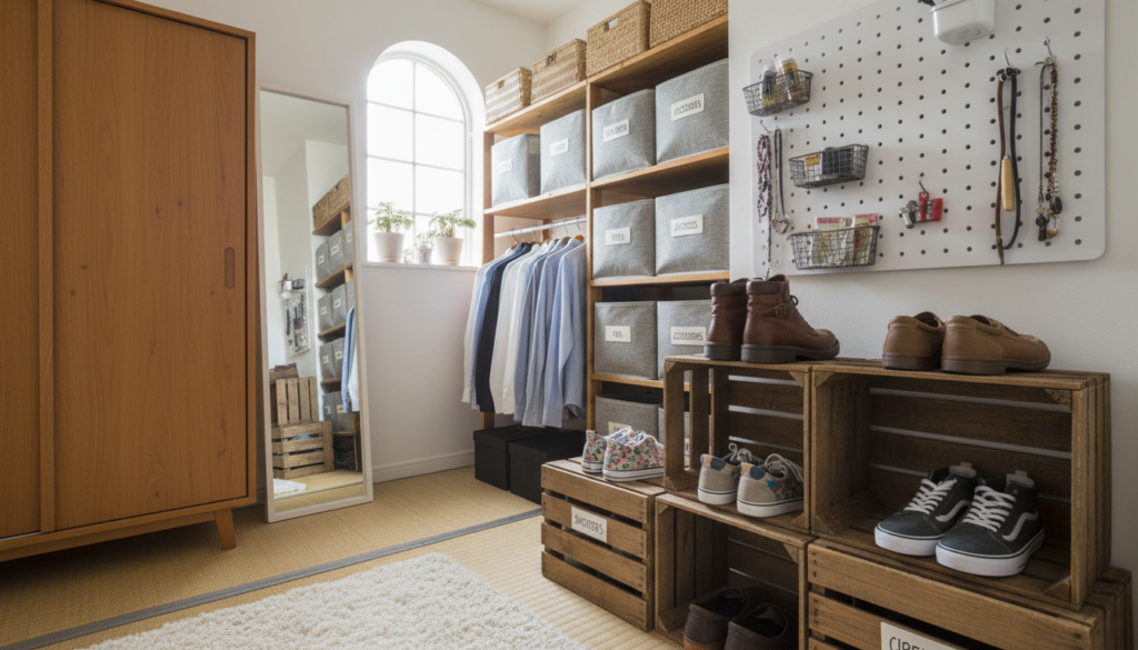 A cozy, inviting DIY closet organization space filled with a variety of creative storage solutions. In the foreground, showcase a well-organized shoe rack made from wooden crates, neatly displaying colorful pairs of shoes. In the middle, include an open closet featuring labeled bins, hangers with neatly folded clothes, and a pegboard with tools and accessories for easy access. The background should depict soft, natural light filtering through a small window, highlighting a warm, wood-toned wardrobe and a mirrored cabinet. Use a slightly angled view to emphasize depth, creating a realistic and lived-in atmosphere. The overall mood should be serene and inspirational, reflecting the joy of maximizing small spaces through practical organization.