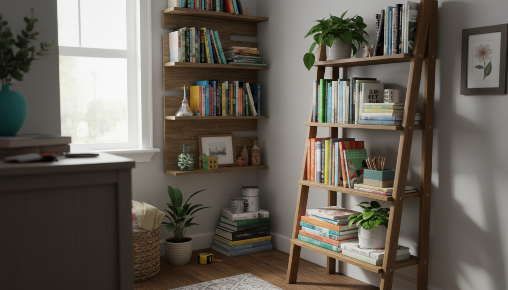 A cozy, inviting corner of a tiny home showcasing an array of DIY bookshelf projects designed for small spaces. In the foreground, a rustic wooden ladder shelf brimming with colorful books, potted plants, and decorative items, displaying a charmingly organized chaos. The middle ground features a wall-mounted bookshelf made from reclaimed wood, filled with neatly arranged books and personal mementos, creating a personalized touch. In the background, a glimpse of soft natural light filters through a window, illuminating the scene and casting gentle shadows, enhancing the warm atmosphere. A few scattered crafting tools, like a tape measure and paint cans, hint at the DIY process. The overall mood conveys creativity, warmth, and practicality, ideal for budget-conscious decorators.