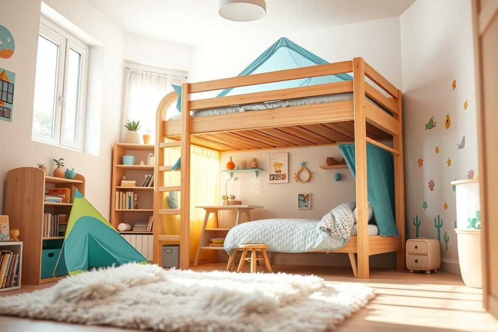A cozy, kid-friendly loft bed design set in a small, colorful child’s bedroom. The bed features a sturdy wooden frame with bright accents, like yellow and blue, and a playful tent underneath for imaginative play. In the foreground, a soft, fluffy rug and a small bookshelf filled with children's books. The middle layer shows the loft bed, equipped with a study area and storage solutions like drawers and organizers. In the background, cheerful wall decals and artwork add a whimsical touch. Bright, natural lighting filters through a window, creating a warm and inviting atmosphere. The angle captures an open, airy feeling, emphasizing the multifunctional space ideal for a growing child.