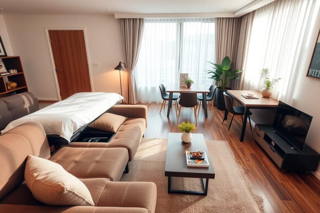 A cozy living room in a small apartment showcasing innovative multi-functional furniture. In the foreground, a stylish sofa that easily converts into a bed, accompanied by a sleek coffee table that opens for storage and transforms into a work desk. The middle layer features an expandable dining table with modern chairs tucked neatly underneath, perfect for small gatherings. The background reveals a bright window with sheer curtains allowing natural light to flood the space, enhancing the contemporary decor. Soft, warm lighting creates an inviting atmosphere, with earthy tones and greenery accentuating the minimalist design. The camera angle is slightly elevated for a comprehensive view, emphasizing the clever use of space and practicality of the furniture.