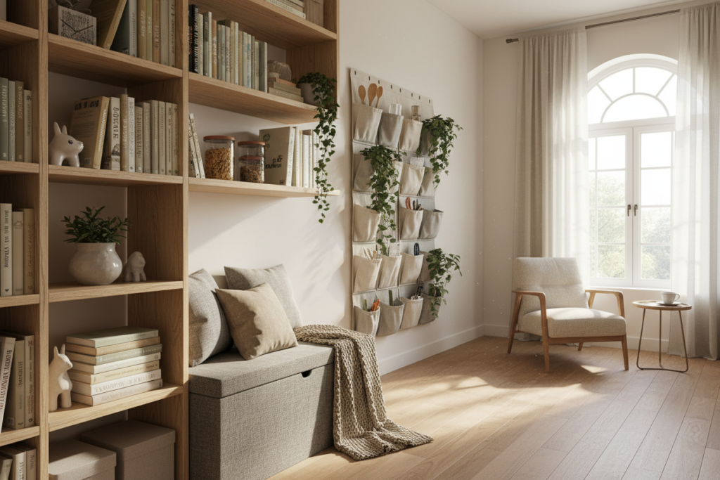 A cozy living space showcasing under-utilized areas transformed for efficient storage. In the foreground, a chic and modern corner featuring built-in shelving filled with books and decorative items, with a compact bench underneath for multi-functional seating and storage. The middle ground highlights a clever use of vertical space with hanging organizers on walls, filled with plants and kitchen supplies, enhancing both aesthetic appeal and functionality. In the background, soft natural light filters through a large window, casting gentle shadows and creating a warm, inviting atmosphere. The scene is framed using a wide-angle lens to emphasize space, depth, and the integration of storage solutions, providing a fresh perspective on maximizing smaller areas.