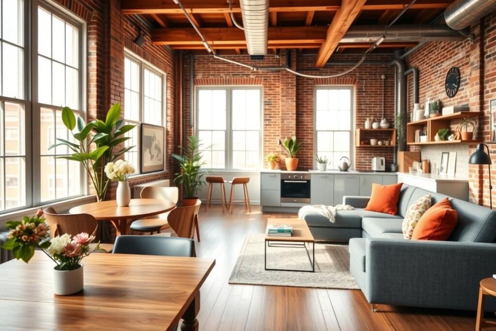 A cozy loft apartment interior showcasing strategic furniture placement to define distinct living zones. In the foreground, a small, stylish dining area with a compact wooden table surrounded by contemporary chairs, complemented by a vase of fresh flowers. The middle ground features a comfortable living space with a gray sectional couch, accented by colorful throw pillows, and a sleek coffee table, creating an inviting atmosphere. The background reveals a modern kitchenette with open shelving, brightened by warm, natural lighting streaming in through large windows. Exposed brick walls and wooden beams add character, while houseplants bring life to the space. The scene captures a harmonious balance of style and functionality, perfect for maximizing space in a loft apartment.