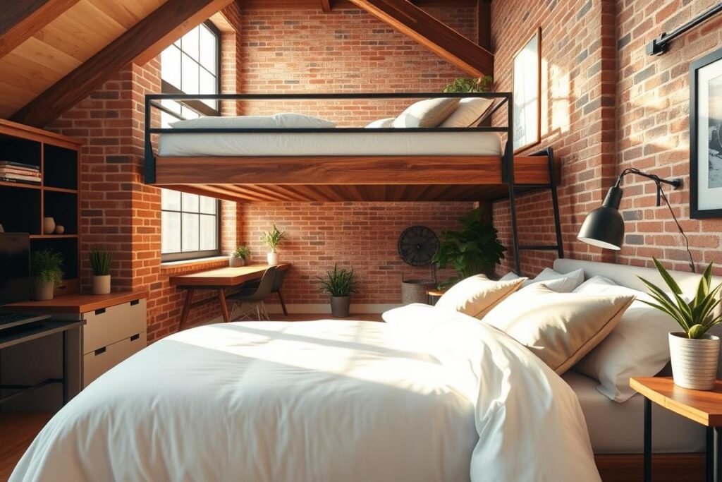 A cozy loft bedroom design featuring a stylish loft bed positioned near a large window with soft, natural light streaming in. The foreground displays a neatly made bed with layered linens and decorative pillows, enhancing comfort. In the middle, a small workspace occupies one side, complete with a minimalist desk and a comfortable chair, harmoniously integrated beneath the loft bed. The background showcases exposed brick walls and wooden beams, adding rustic charm, with potted plants strategically placed to bring life into the space. The overall atmosphere is warm and inviting, suggesting a perfect blend of functionality and aesthetic appeal, captured from a slightly elevated angle to emphasize the loft's unique layout and space utilization.