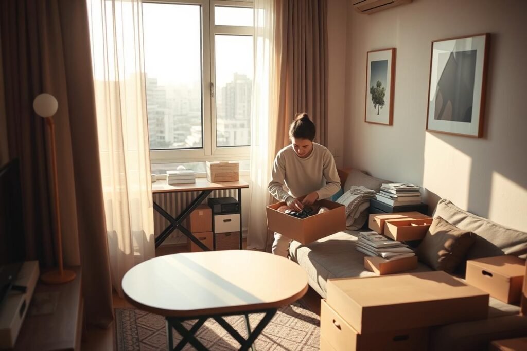 A cozy low-cost apartment in the process of decluttering, featuring a small living room with a foldable table, minimalist furniture, and an assortment of neatly organized boxes. In the foreground, light filters through sheer curtains, casting soft shadows on a wall adorned with minimalist art. The middle ground includes a person skillfully sorting through items in a box, dressed in casual, modest clothing, with a determined yet calm expression. In the background, a window reveals a sunny urban landscape, enhancing the sense of openness. The overall lighting is warm and inviting, creating a serene atmosphere that promotes productivity and clarity. The scene captures the essence of maximizing space through thoughtful organization and minimalism.