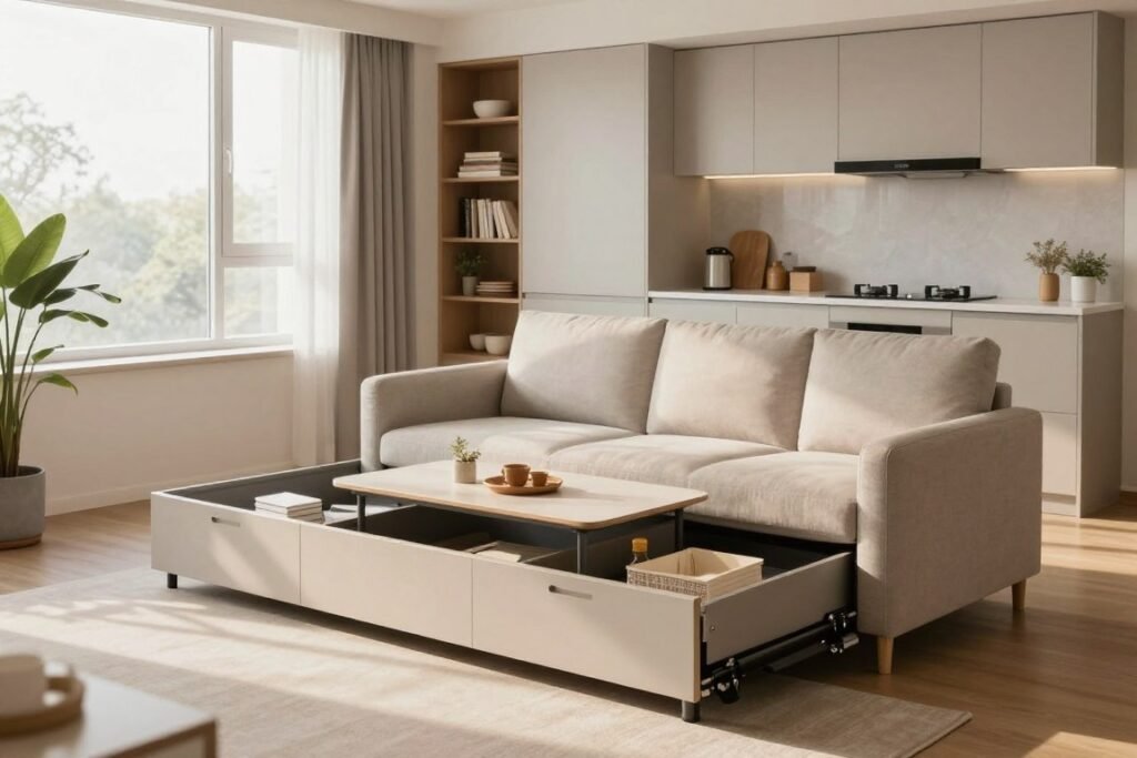 A cozy mini studio apartment showcasing innovative hidden storage solutions. In the foreground, a cleverly designed sofa with expandable under-seat storage reveals neatly organized items. The middle section features a multifunctional coffee table with hidden compartments, alongside a stylish bookshelf with concealed drawers. Light pours in from a large window, casting soft shadows that create a warm and inviting atmosphere. The background displays a compact kitchen with sleek cabinets that blend seamlessly into the design, highlighting smart use of vertical space. The color palette is a soothing mix of soft neutrals and earth tones, enhancing the sense of calm and order. Utilize a wide-angle lens for a spacious feel, capturing the practical elegance of maximizing space without compromising style.