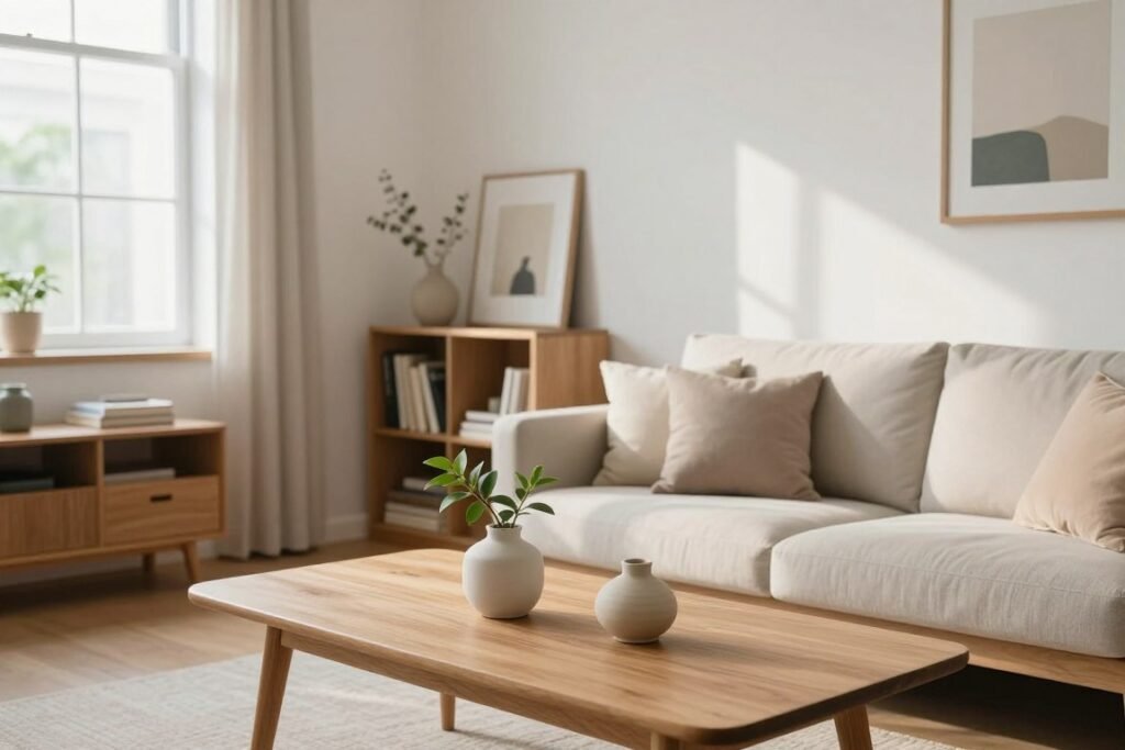 A cozy, minimalist apartment interior showcasing a harmonious blend of functional decor and spaciousness. In the foreground, a sleek wooden coffee table with a single decorative plant and a minimalist ceramic vase. The middle ground features a neatly arranged living area with a low-profile sofa adorned with neutral-toned pillows, alongside a compact bookshelf filled with curated books and a few art pieces. Soft, natural light filters in through large windows, casting gentle shadows that enhance the serene atmosphere. In the background, a subtle color palette of whites and pastels adds to the calming effect, with a few tasteful wall art pieces emphasizing simplicity. The entire scene evokes a sense of tranquility and invites relaxation, perfect for small space living.