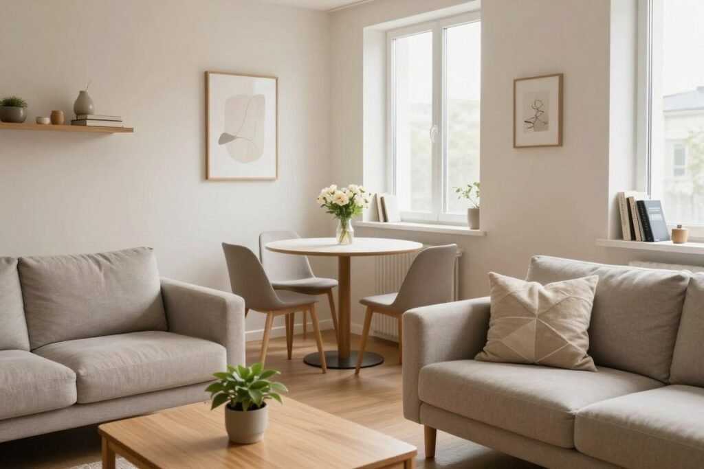 A cozy, minimalist apartment interior showcasing a well-organized living space. In the foreground, a sleek, low-profile sofa with neutral tones and a simple geometric throw pillow. On one side, a small wooden coffee table with a single potted plant, emphasizing the "less is more" philosophy. In the middle, there’s a compact dining area featuring a round table and two minimalist chairs, accented by a simple centerpiece of fresh flowers. The walls are painted in soft, calming colors, adorned only with a single abstract art piece. In the background, gentle natural light streams in through large windows, creating a warm and inviting atmosphere. A small bookshelf displays a few carefully curated books and decorative items, illustrating thoughtful decor choices that prioritize quality over quantity. The scene conveys a sense of tranquility and space efficiency.