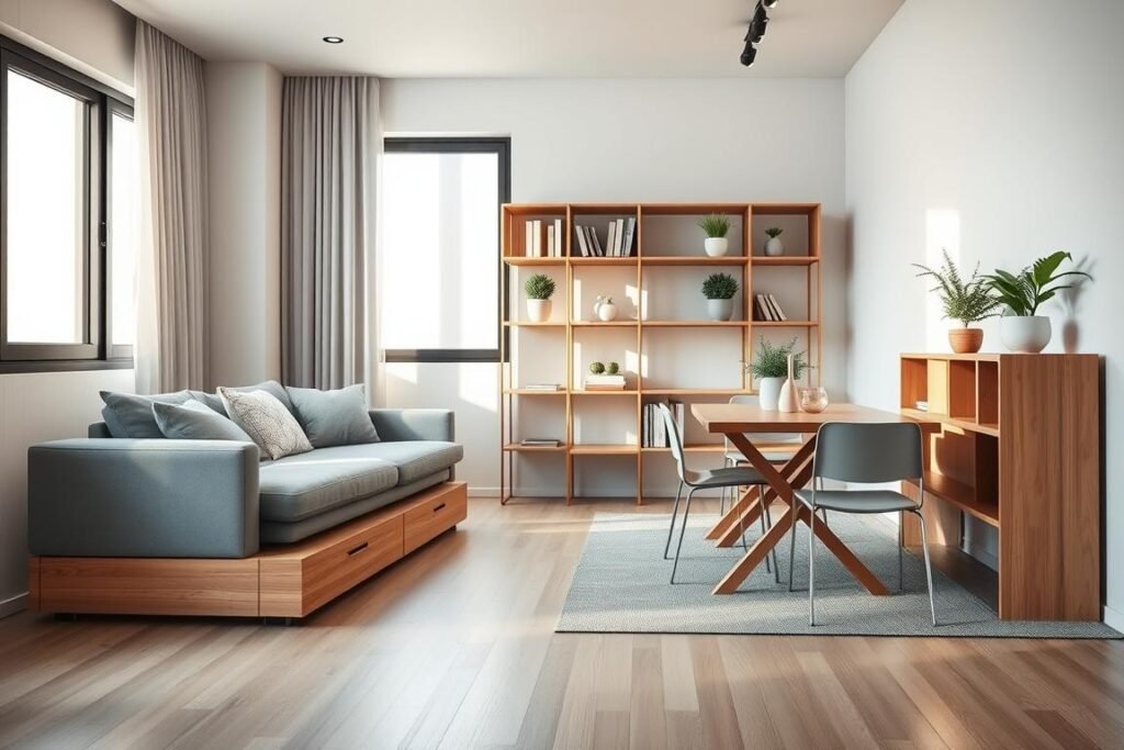 A cozy minimalist condo interior showcasing innovative space-saving furniture. In the foreground, a sleek, multifunctional sofa that converts into a bed, with integrated storage compartments beneath. Nearby, a stylish foldable dining table and chairs tucked away neatly against a wall, featuring a modern wood finish. The middle ground reveals a compact, modular shelving unit displaying books and decorative plants, emphasizing organization. In the background, large windows letting in soft, natural light, casting gentle shadows that create a warm ambiance. The color palette consists of soft whites, muted grays, and hints of earthy tones, promoting a serene and inviting atmosphere. The overall composition emphasizes functionality and aesthetics in a small space, ideal for maximizing living areas without sacrificing style.