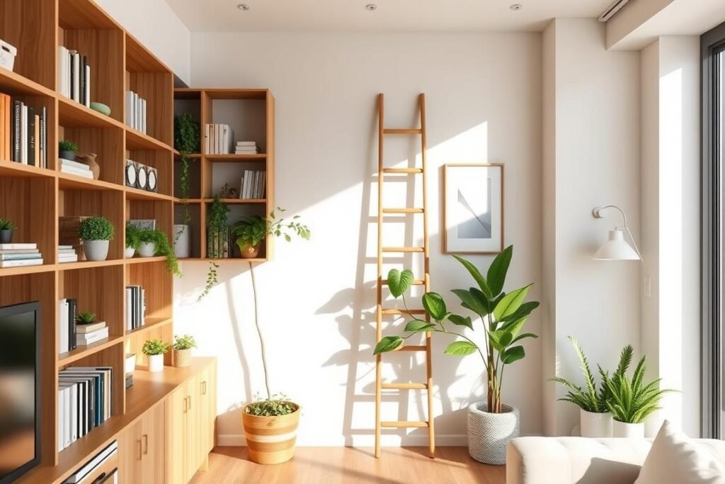 A cozy, minimalist condo interior showcasing innovative vertical storage solutions. In the foreground, sleek custom-built wooden shelves and wall-mounted cubbies display neatly organized books, plants, and decorative items. The middle ground features a functional yet stylish ladder for easy access to upper shelves, framed by potted greenery that adds a touch of life. The background reveals a tastefully painted wall in soft neutral tones, adorned with minimalist art. Natural light streams in through a large window, casting gentle shadows that enhance the serene atmosphere. The scene is captured from a slightly elevated angle, emphasizing the verticality of the space and the clever use of wall-mounted storage, evoking a sense of smart living in compact areas.