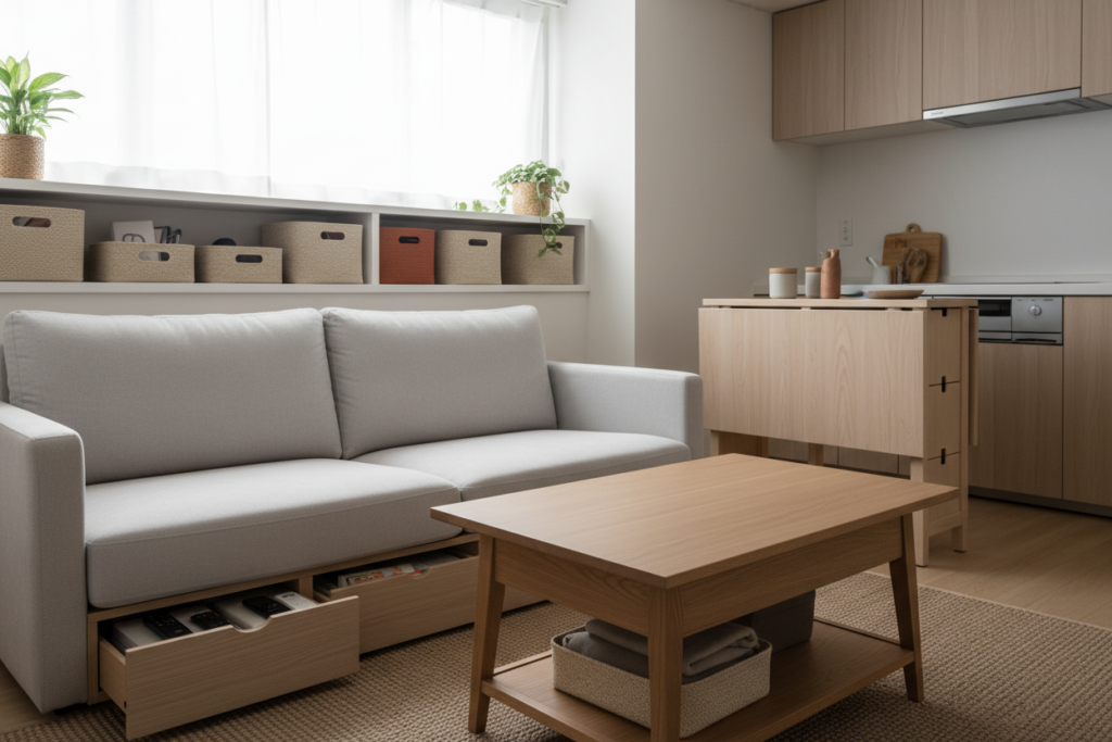 A cozy, minimalist living space in a tiny apartment showcasing innovative hidden storage solutions. In the foreground, an elegant coffee table doubles as a storage unit with neatly tucked compartments. The middle ground reveals a stylish sofa with built-in drawers and a wall-mounted shelf with decorative bins for organizing small items. In the background, a small kitchenette features a foldable dining table that can be tucked away when not in use. Soft, natural light streams in through a large window, creating a warm and inviting atmosphere. The color palette consists of light neutrals and earthy tones, enhancing the sense of space and serenity. Capture this scene from a slightly elevated angle to emphasize the clever design elements while maintaining a realistic setting.