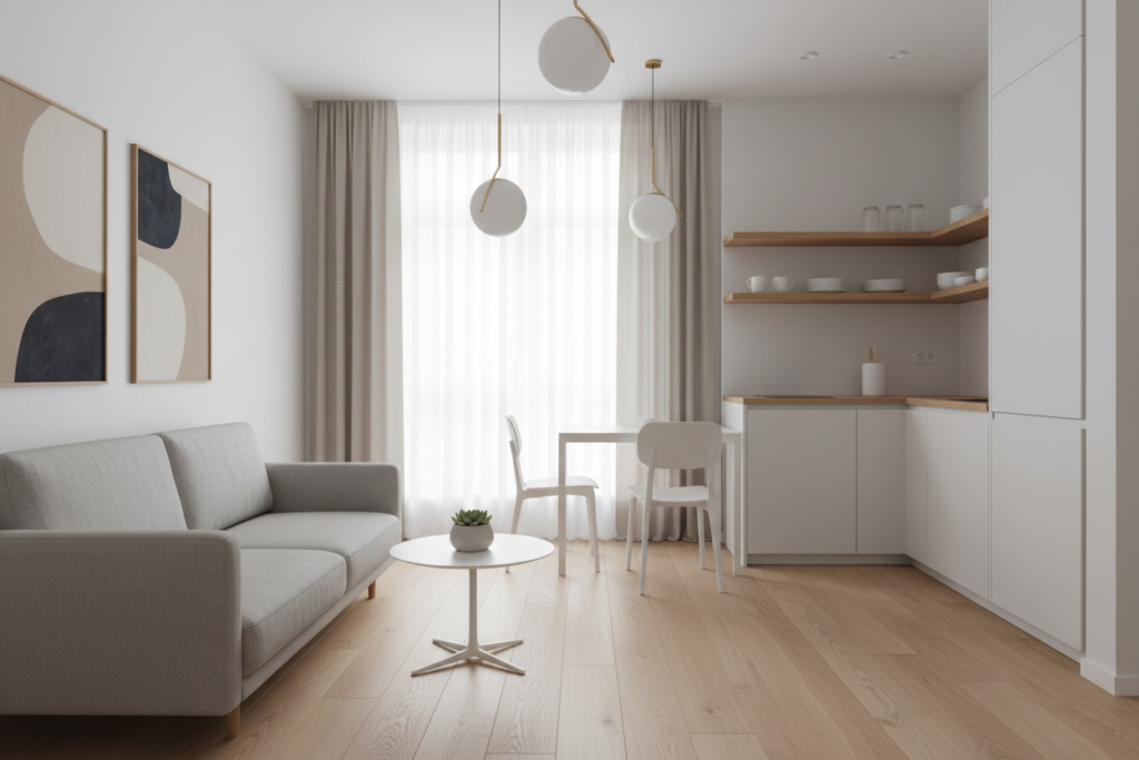 A cozy minimalist studio apartment featuring a smart layout that maximizes space. In the foreground, a sleek, Scandinavian-style sofa in a soft gray fabric sits atop a light wood floor, accompanied by a simple round coffee table with a small potted plant. The middle layer showcases a compact kitchen area with open shelving, minimalist white cabinets, and a tidy dining nook with two contemporary chairs. In the background, a large window lets in natural light, enhancing the airy atmosphere, with sheer curtains filtering the sunlight. Add wall art with abstract designs in muted tones, and modern lighting fixtures hanging from the ceiling. The overall mood is serene and uncluttered, reflecting a harmonious blend of form and function perfect for small living spaces.