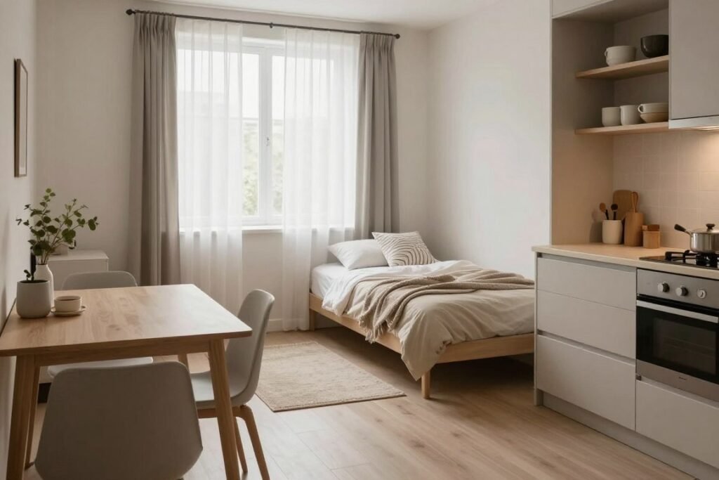 A cozy, minimalist studio apartment layout featuring a compact living space with clear, uncluttered surfaces. In the foreground, a small dining table with two simple chairs occupies a corner, complemented by a sleek, modern kitchenette with open shelves displaying minimal kitchenware. The middle ground showcases a cozy sleeping nook with a twin bed, adorned with neutral-toned bedding and a single decorative pillow. A soft rug lies underneath, adding warmth. The background includes a large window draped with sheer white curtains, allowing natural light to flood the room. The overall atmosphere is calming and inviting, emphasizing functionality and space-maximizing techniques, while maintaining a stylish aesthetic. Use soft, diffused lighting to create a serene and harmonious mood.