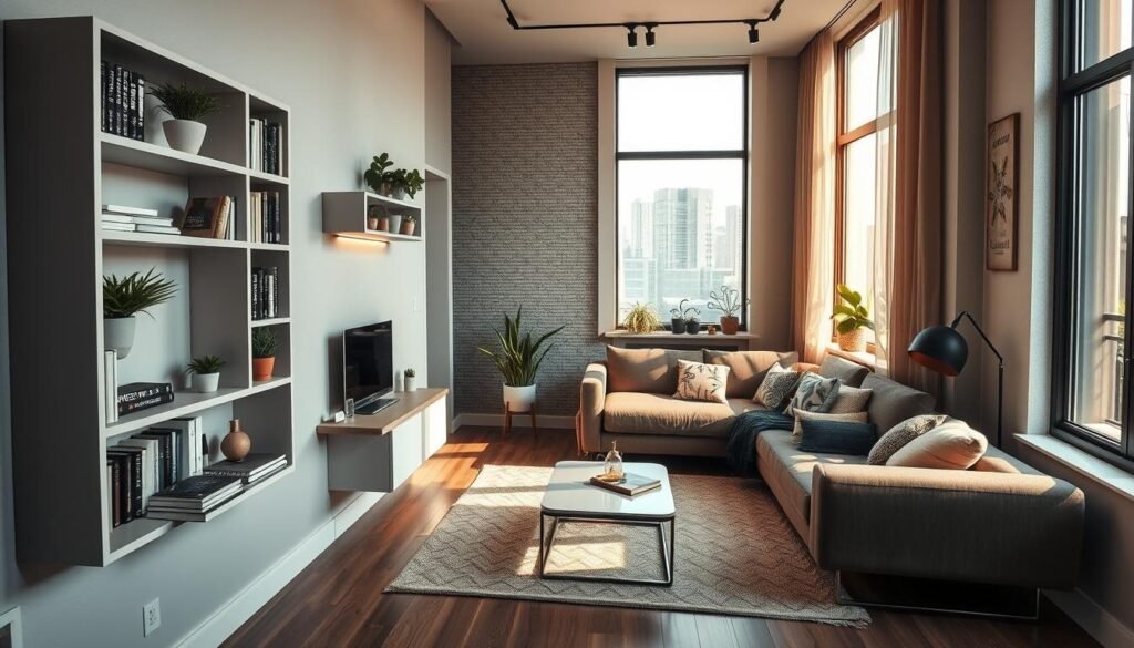 A cozy modern apartment featuring innovative wall-mounted storage solutions and cleverly utilized corners. In the foreground, show a corner nook with sleek, open shelving displaying books and plants, while a compact desk is integrated into the wall. The middle ground highlights a multifunctional sofa against a textured wall, adorned with decorative cushions, and a minimalist coffee table. In the background, add tall windows allowing warm, natural light to filter in, casting soft shadows that enhance the space's depth. Utilize a wide-angle lens perspective to capture the room's layout and emphasize the smart use of vertical space. The atmosphere is inviting and organized, showcasing the potential of small living areas to feel spacious and functional.
