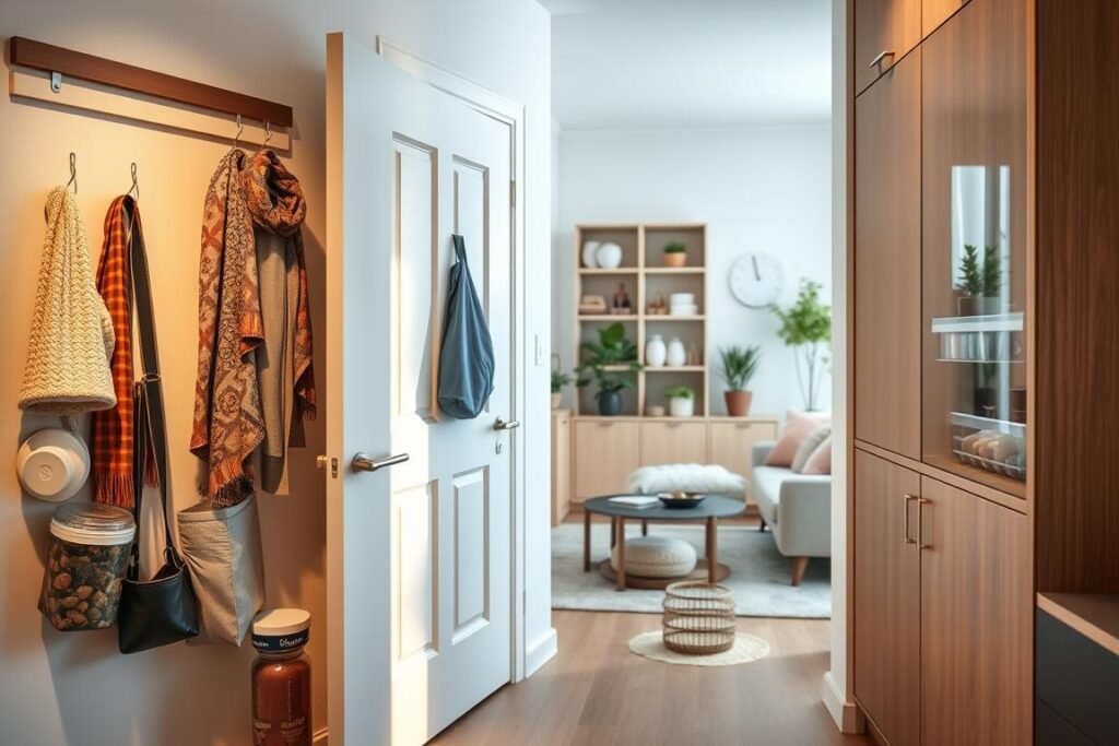 A cozy, modern apartment interior showcasing innovative door and cabinet organization solutions. In the foreground, a sleek wooden cabinet opens to reveal neatly arranged pantry items and labeled containers, highlighting efficient use of space. To the left, a stylish over-the-door organizer displays scarves and accessories, while hooks hold bags and hats. In the middle ground, a light-filled kitchen area features cabinet shelves with clear bins for utensils and spices, creating an inviting and practical atmosphere. The background displays a tastefully decorated living space with plants and soft furniture, reflecting a harmonious blend of style and functionality. Soft, natural lighting enhances the warmth of the scene, creating a relaxed yet organized mood.