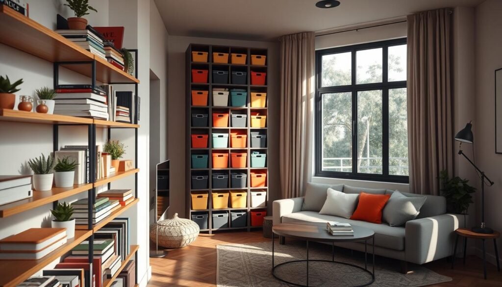 A cozy, modern apartment interior showcasing innovative space-saving storage solutions. In the foreground, feature a wall-mounted shelf brimming with neatly organized books, small plants, and decorative boxes. The middle ground highlights a tall, multi-tiered storage unit, filled with colorful bins and baskets, reaching up to the ceiling, emphasizing vertical storage. In the background, a stylish pull-out sofa bed with a compact coffee table, illustrating multifunctional furniture. Soft, natural lighting filters through a large window, casting gentle shadows and creating a warm, inviting atmosphere. The camera angle is slightly elevated, capturing the depth of the space and the smart arrangement of storage elements, making the area appear both functional and aesthetically pleasing. The overall mood is one of clever organization and space efficiency.