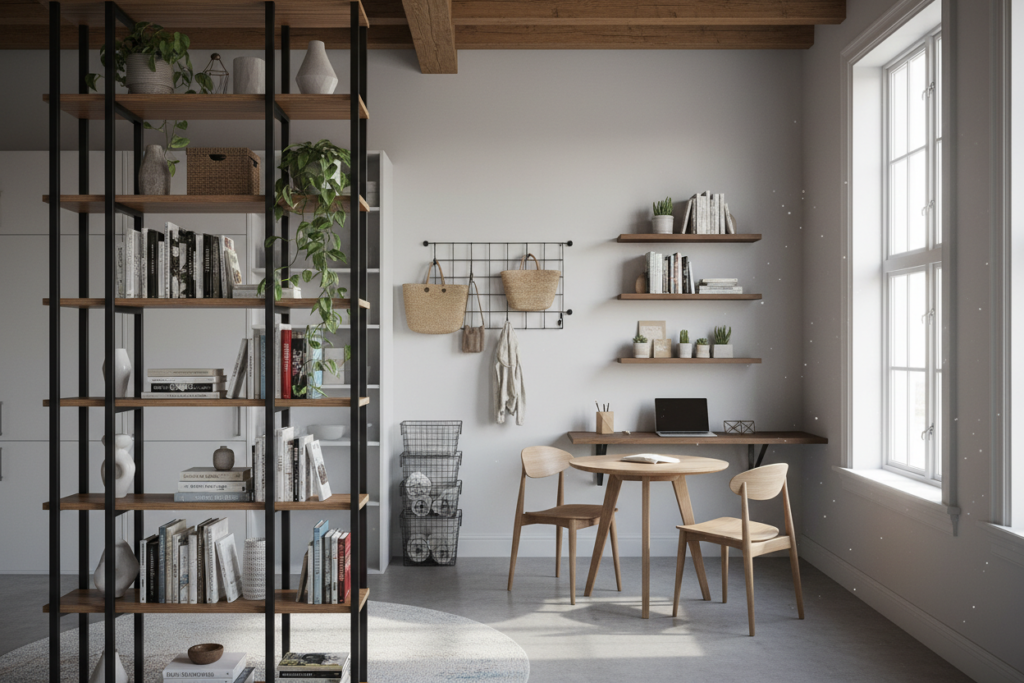 A cozy, modern apartment interior showcasing innovative vertical space utilization. In the foreground, a stylish bookshelf reaches from floor to ceiling, filled with books, plants, and decorative items, merging functionality with aesthetics. The middle ground features a compact dining table cleverly tucked beneath a wall-mounted work desk adorned with organizers and floating shelves. The background highlights a wall with vertical storage solutions, incorporating hooks, baskets, and a slim pantry unit. Soft, natural lighting floods the space through a large window, creating a warm and inviting atmosphere. The scene is shot from a slightly elevated angle to capture the full height and depth of the vertical storage solutions, emphasizing their potential for small space living.