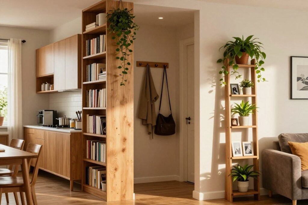 A cozy, modern apartment interior showcasing innovative vertical storage solutions. In the foreground, a stylish wooden bookshelf extends from floor to ceiling, filled with neatly arranged books and decorative plants. To the left, a sleek wall-mounted cabinet utilizes space efficiently with sliding doors, holding kitchen items. In the middle, a compact entryway features vertical hooks for coats and bags, maximizing functionality. A tall, narrow shelving unit stands against the right wall, displaying vibrant houseplants and personal photos, emphasizing a touch of personality. Soft, warm lighting bathes the scene, casting gentle shadows that enhance the depth, while large windows in the background allow natural light to flow in. The atmosphere is inviting and practical, perfectly encapsulating the concept of vertical storage in a compact living space.