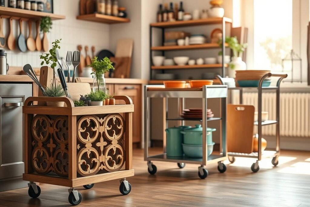 A cozy, modern apartment kitchen showcasing multiple rolling kitchen carts as flexible storage solutions. In the foreground, a stylish wooden rolling cart with an intricate design holds various kitchen utensils and potted herbs. The middle ground features a sleek metal cart stocked with colorful cookware and a cutting board. Nourishing sunlight filters in through a window, casting warm light on the scene. The background includes well-organized shelves filled with spices and dishes, enhancing the room's efficiency. Use a soft focus lens effect to add a warm, inviting atmosphere, ensuring the kitchen feels lived-in yet organized, with realistic textures and details. A cozy, modern apartment kitchen showcasing multiple rolling kitchen carts as flexible storage solutions. In the foreground, a stylish wooden rolling cart with an intricate design holds various kitchen utensils and potted herbs. The middle ground features a sleek metal cart stocked with colorful cookware and a cutting board. Nourishing sunlight filters in through a window, casting warm light on the scene. The background includes well-organized shelves filled with spices and dishes, enhancing the room's efficiency. Use a soft focus lens effect to add a warm, inviting atmosphere, ensuring the kitchen feels lived-in yet organized, with realistic textures and details.