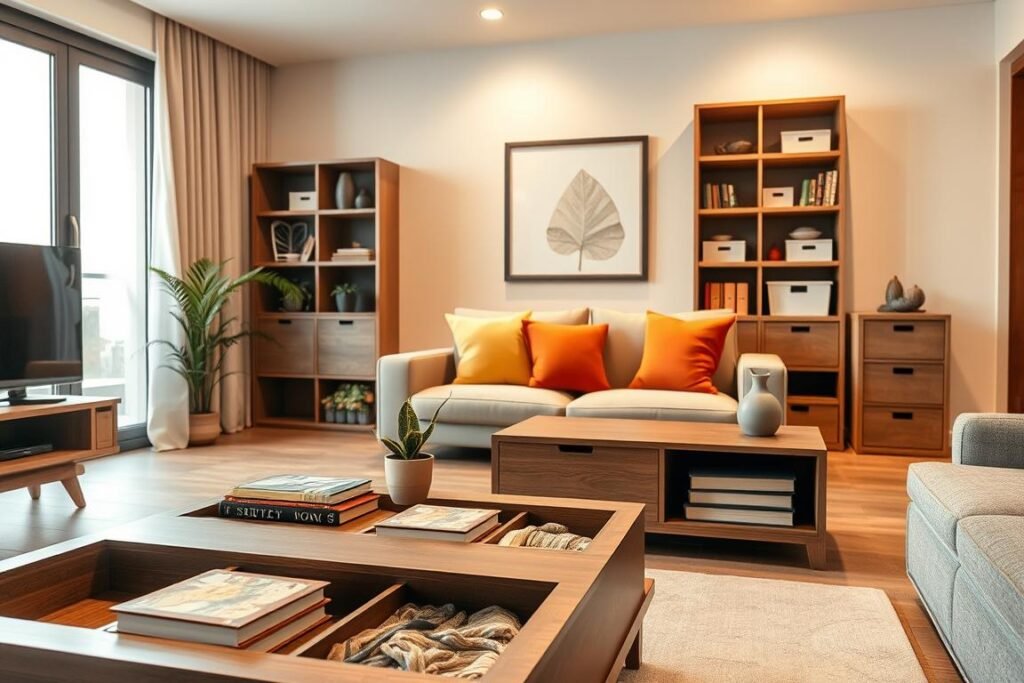 A cozy modern apartment living room featuring smart storage solutions that cleverly conceal clutter. In the foreground, a stylish coffee table with hidden compartments showcases decorative books and a small potted plant. The middle ground includes a compact sofa adorned with colorful throw pillows, beside a sleek shelving unit filled with neatly organized storage boxes and attractive decor items. The background reveals a large window letting in soft, natural light, highlighting warm beige and earthy tones throughout the room. Create a welcoming atmosphere with subtle shadows and a sense of warmth, using a standard lens to capture the scene from a slightly elevated angle, emphasizing both space and functionality without clutter.
