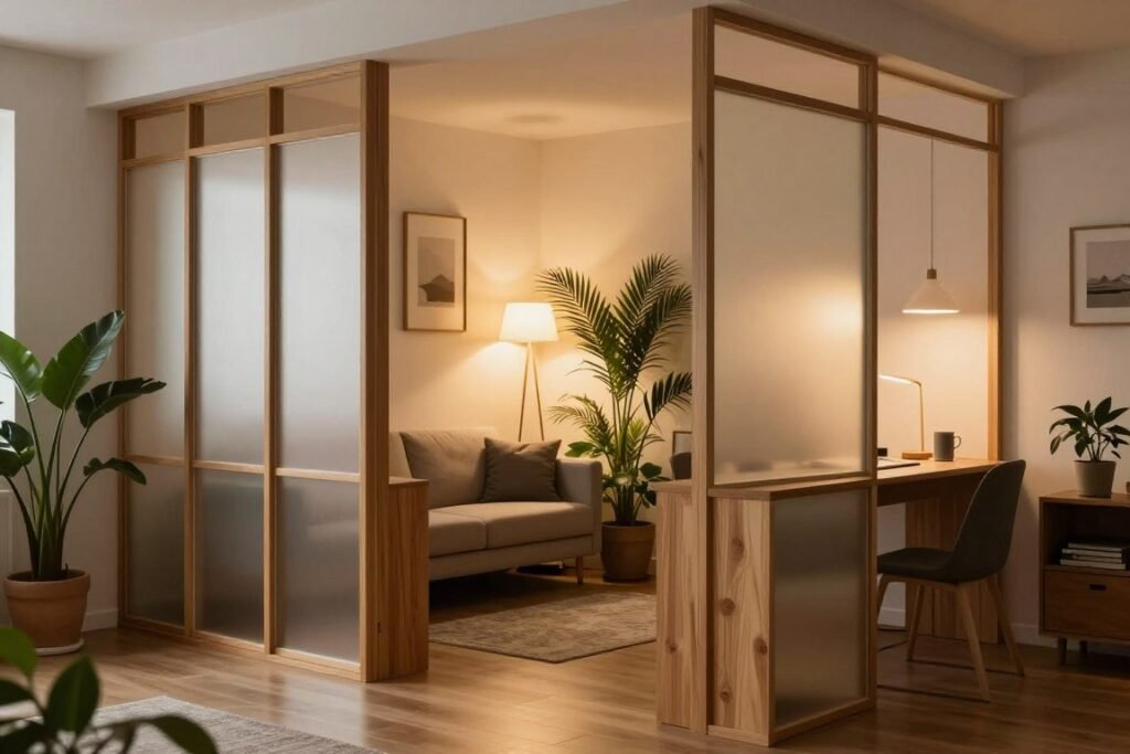 A cozy, modern apartment scene featuring space-efficient room dividers designed for small living areas. In the foreground, showcase sleek, multi-functional dividers made from natural wood and frosted glass, eloquently dividing a living space into distinct zones such as a small office and a relaxation area. In the middle, a minimalist sofa and a compact desk complement the layout, surrounded by indoor plants for a touch of greenery. In the background, warm, ambient lighting casts a soft glow, enhancing the inviting atmosphere. The angle captures the room’s layout, emphasizing clarity and functionality while ensuring the overall composition is harmonious. Aim for a realistic representation with varying textures, colors, and light play that convey an efficient use of space without overcrowding the image.