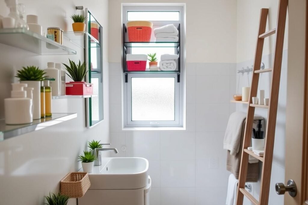 A cozy, modern bathroom showcasing innovative storage solutions for small spaces. In the foreground, there are clear acrylic shelves mounted on the wall filled with neatly arranged toiletries, colorful baskets for towels, and small potted plants for a touch of greenery. The middle ground features a compact, stylish vanity with an organized countertop displaying minimal decorative items. A unique ladder shelf in the background holds additional towels and bathroom essentials, emphasizing vertical storage. Soft, natural light filters through a frosted window, creating a warm and inviting atmosphere. Use a slight angle to capture depth, emphasizing the clever use of space while maintaining a clean and uncluttered aesthetic.