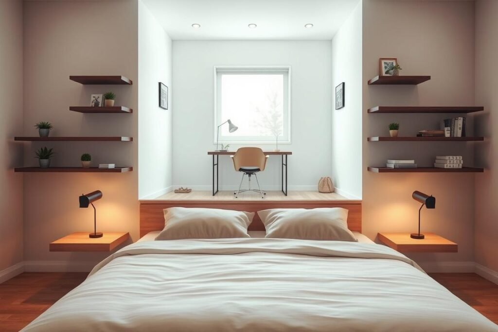 A cozy, modern bedroom featuring an innovative arrangement of floating furniture. In the foreground, a sleek, wall-mounted bed with minimalist design and soft, neutral bedding. Floating nightstands on either side are adorned with small plants and stylish lamps, casting a warm glow. In the middle ground, a floating desk with a contemporary chair, elegantly positioned under a window that allows natural light to flood the space. The background showcases light-colored walls with subtle art decorations, enhancing the spacious feel. Use soft, diffused lighting to create a serene and inviting atmosphere, with a slightly elevated angle to capture the full effect of the floating furniture. The scene should evoke a sense of calm and functionality, perfect for maximizing small spaces.