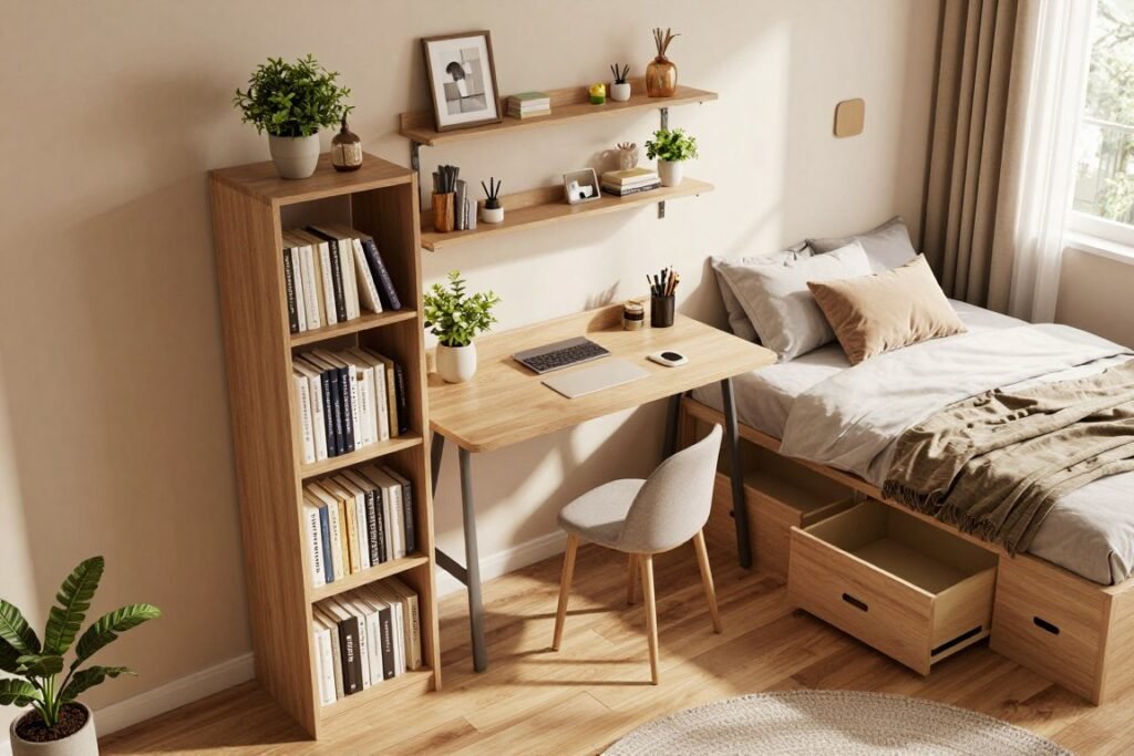 A cozy, modern bedroom in a tiny space, emphasizing vertical storage solutions. In the foreground, showcase a tall, sleek bookshelf filled with neatly organized books and decorative items like plants and framed photos. In the middle, include a wall-mounted desk with floating shelves above, creatively utilizing wall space for office supplies and personal touches. The backdrop features a soft bed with multifunctional storage drawers underneath. Natural light streams in through a window, casting gentle shadows, enhancing the warm and inviting atmosphere. Use a slight overhead angle to capture the layout effectively, ensuring all storage elements are visible. The overall mood should be practical yet stylish, demonstrating innovative space-saving ideas for small bedrooms.