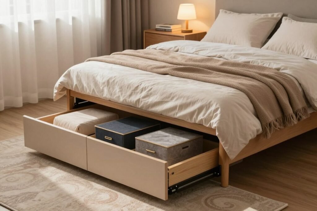A cozy, modern bedroom showcasing innovative under-bed storage solutions. In the foreground, there are stylish storage boxes and drawers sliding out from beneath a neatly made bed with soft, inviting bedding. In the middle, a compact nightstand holds a small lamp and a few books, while a stylish rug is visible on the floor, enhancing the room's warmth. In the background, light filters through a sheer curtain, casting a gentle glow throughout the space. The atmosphere is serene and organized, emphasizing smart, functional design in a small room. Use soft, natural lighting, focusing on an angle that highlights the under-bed storage while capturing the overall charm of the bedroom environment.