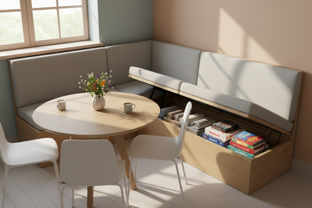 A cozy, modern built-in banquette with plush cushions and a wooden frame, featuring hidden storage under the seating. The banquette is positioned in a corner of a small dining area, surrounded by light, airy walls painted in soft pastel colors. A round wooden dining table sits nearby, complemented by minimalist chairs. Soft, natural light streams through a nearby window, creating a warm and inviting atmosphere. The scene is captured from a slightly elevated angle to emphasize the functional elegance of the banquette design, highlighting details like neatly organized items in the hidden storage compartment. The overall mood is serene and lifestyle-focused, perfect for maximizing small space living.