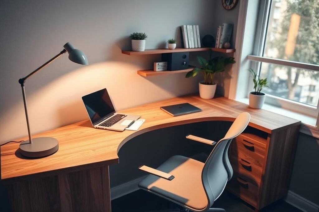 A cozy, modern corner desk setup in a small home office, showcasing a stylish L-shaped desk made of natural wood with a sleek finish. The foreground features a minimalist desk lamp casting warm, inviting light across the workspace, while a laptop, a notepad, and a cup of coffee rest on the desk. In the middle ground, a comfortable, ergonomic office chair is neatly positioned, suggesting readiness for work. The background includes an accent wall painted in a soft, calming color, adorned with a few plants and shelves with neatly arranged books and decorative items. Soft, natural light filters in through a nearby window, creating an inspiring and productive atmosphere, emphasizing the functionality and aesthetic of space-saving solutions.