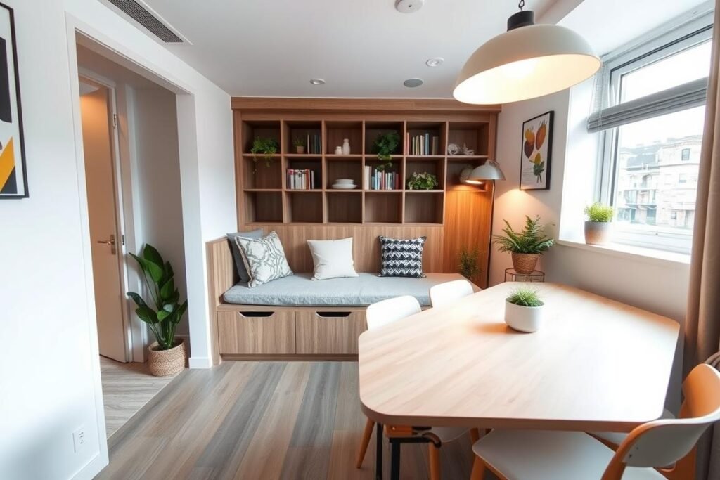 A cozy, modern dining area in a small apartment, featuring compact multi-functional furniture that showcases versatility and style. In the foreground, a sleek, extendable dining table made of light wood, paired with minimalist stackable chairs that can be tucked away easily. In the middle, a stylish, built-in bench with storage underneath, adorned with decorative pillows for comfort. The background reveals a well-organized bookshelf that doubles as a room divider, enhancing the small space's functionality. Soft, warm lighting from an overhead pendant lamp casts a welcoming glow, while a large window allows natural light to fill the room, creating an airy atmosphere. The color palette is neutral with pops of greenery from potted plants, contributing to a fresh, inviting environment.