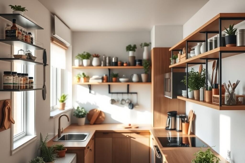 A cozy, modern kitchen in a small apartment, showcasing an innovative smart shelving unit on the wall. The foreground highlights neatly organized shelves filled with various kitchen essentials like spices, utensils, and potted herbs, emphasizing a functional yet stylish design. In the middle ground, the shelves integrate with sleek appliances, and a small workspace is visible, accented by soft, natural light streaming in from a nearby window. The background reveals a clean, minimalist aesthetic with warm wood tones and subtle décor elements like indoor plants. The overall atmosphere is inviting and uncluttered, encapsulating the essence of maximizing vertical space in small living areas, with a focus on functionality and elegance. A cozy, modern kitchen in a small apartment, showcasing an innovative smart shelving unit on the wall. The foreground highlights neatly organized shelves filled with various kitchen essentials like spices, utensils, and potted herbs, emphasizing a functional yet stylish design. In the middle ground, the shelves integrate with sleek appliances, and a small workspace is visible, accented by soft, natural light streaming in from a nearby window. The background reveals a clean, minimalist aesthetic with warm wood tones and subtle décor elements like indoor plants. The overall atmosphere is inviting and uncluttered, encapsulating the essence of maximizing vertical space in small living areas, with a focus on functionality and elegance.