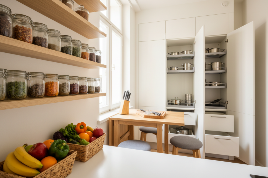 A cozy, modern kitchen in a tiny apartment, showcasing smart organization ideas for compact living. In the foreground, open shelves display neatly arranged glass jars filled with colorful spices, while countertop baskets contain fresh fruits and vegetables. In the middle, a foldable wooden table with two cushioned stools maximizes space, with a stylish cutting board and knife set elegantly placed. The background features bright white cabinets with integrated pull-out drawers and racks, holding cookware and utensils, all bathed in soft, natural light from a nearby window. The atmosphere is inviting, warm, and functional, highlighting efficiency and charm in a small kitchen environment. The scene is captured from a low angle to emphasize the organization and depth of the space.