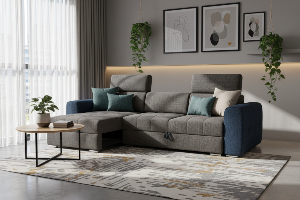 A cozy, modern living room featuring a stylish convertible sofa that transforms into a hidden bed. In the foreground, the sofa boasts rich fabric textures and elegant color schemes, positioned next to a minimalist coffee table. In the middle ground, a decorative rug adds warmth, complementing the sleek design of the furniture. The background showcases a tastefully decorated wall with framed art, plants, and soft lighting creating an inviting atmosphere. Daylight streams through a large window, casting gentle shadows that enhance the room's depth. The overall mood is functional yet stylish, highlighting innovative space-saving solutions without clutter. The composition focuses on the sofa, showcasing its dual purpose while ensuring the room feels comfortable and chic.