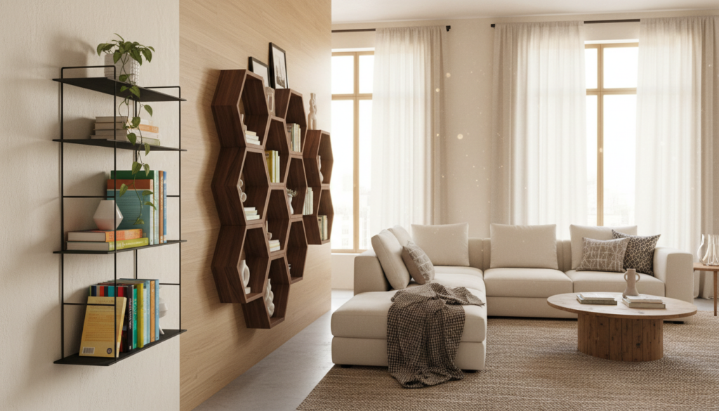A cozy, modern living room featuring an array of innovative wall-mounted bookshelf solutions designed for small spaces. In the foreground, a sleek, minimalistic bookshelf holds a variety of colorful books and decorative plants. The middle section showcases a unique, floating shelf design with geometric shapes, creating a striking visual contrast against the warm wooden wall. In the background, soft, natural light filters through large windows, enhancing the inviting atmosphere. The scene should convey a sense of organization and creativity, with a blend of books and art pieces that inspire a love for reading. The angle captures both the bookshelf and the cozy ambiance of the room, making it feel lively yet serene. Emphasize a realistic texture and a warm color palette to evoke comfort.