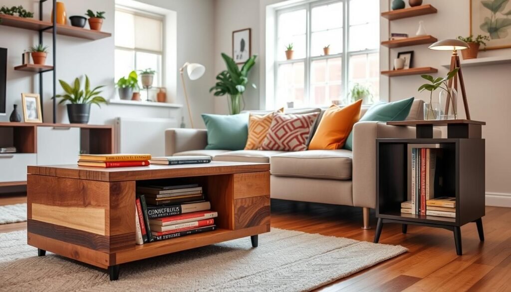 A cozy, modern living room featuring innovative coffee table and side table hacks ideal for a tiny apartment. In the foreground, a stylish coffee table made from reclaimed wood showcasing storage compartments filled with books and decorative items, paired with a sleek side table that doubles as a small bookshelf. In the middle ground, a streamlined sectional couch adorned with colorful throw pillows and a soft rug, creating an inviting atmosphere. The background includes a window with natural light streaming in, highlighting plants on window sills and wall-mounted shelves displaying art pieces. The scene is warm and inviting, emphasizing a clever use of space and creative design, captured with soft, diffused lighting and a slightly elevated angle for depth.